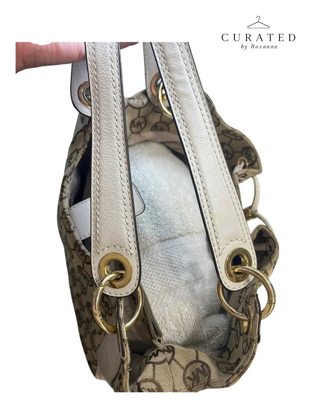 Michael Kors Signature MK Logo Drawstring Bucket Bag White Leather Trim/hardware